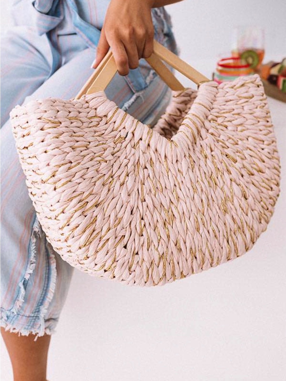 Woven Straw Tote Bag with Wooden Handles - Pink